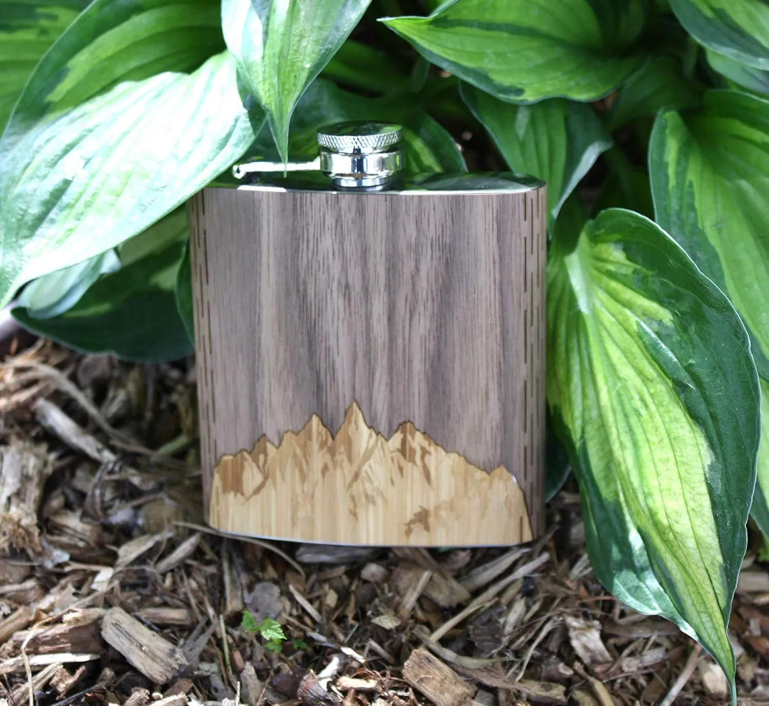 WUDN 6 oz. Wooden Hip Flask - Stainless Steel Body, Sawtooth Mountains Walnut Sky