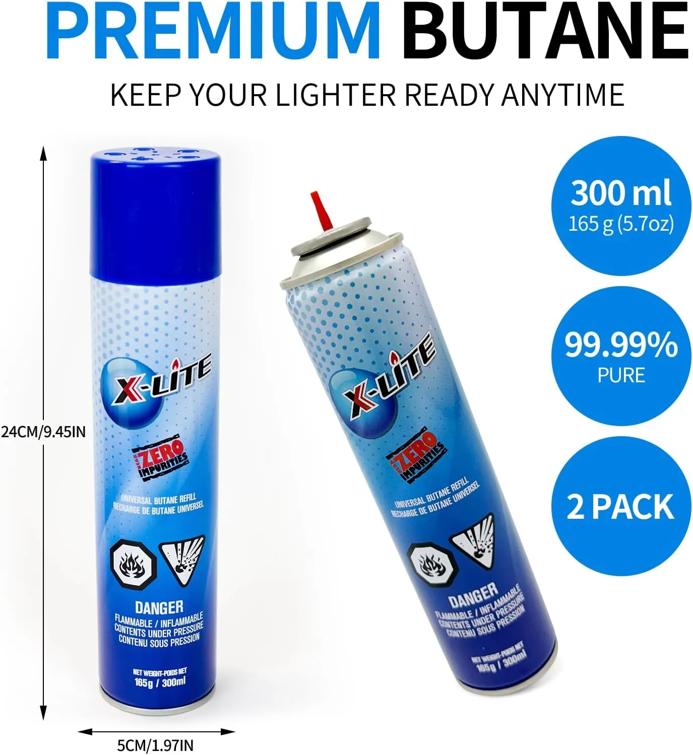X-LITE Super Large Capacity 99.999% Butane Refill (10.15 oz) / 300 ml,Butane Refill for Torch Lighter, Kitchen Torch, Refillable Lighters.(2 Pack)