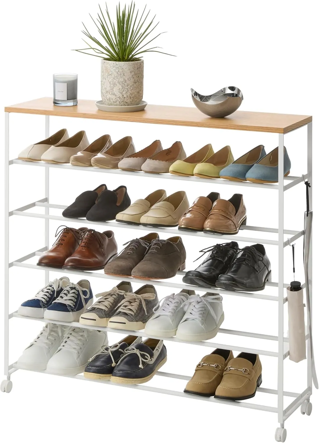 Yamazaki Home Tower Rolling Five-Tier Shoe Rack, Steel Frame with Wooden Top, Space-Saving Shoe Organizer On Wheels, 34" - Steel   Wood -