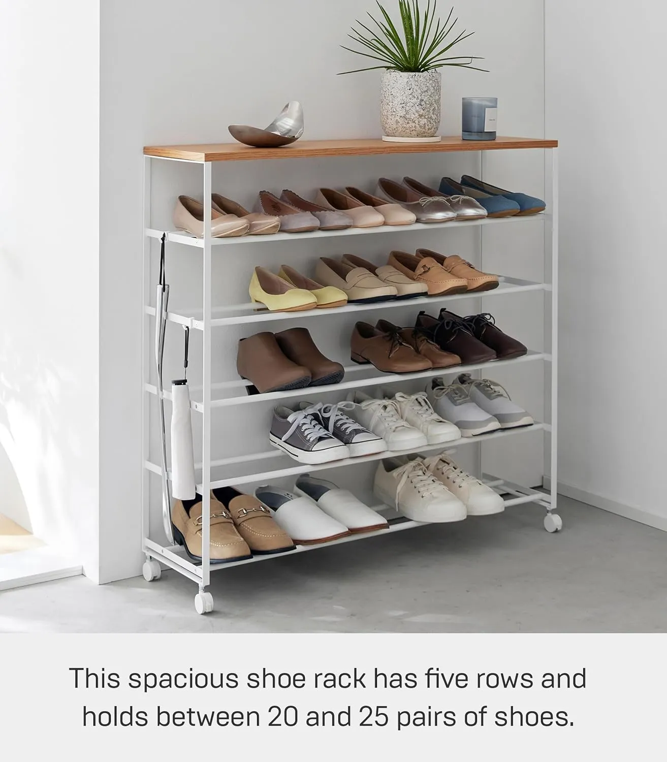 Yamazaki Home Tower Rolling Five-Tier Shoe Rack, Steel Frame with Wooden Top, Space-Saving Shoe Organizer On Wheels, 34" - Steel   Wood -