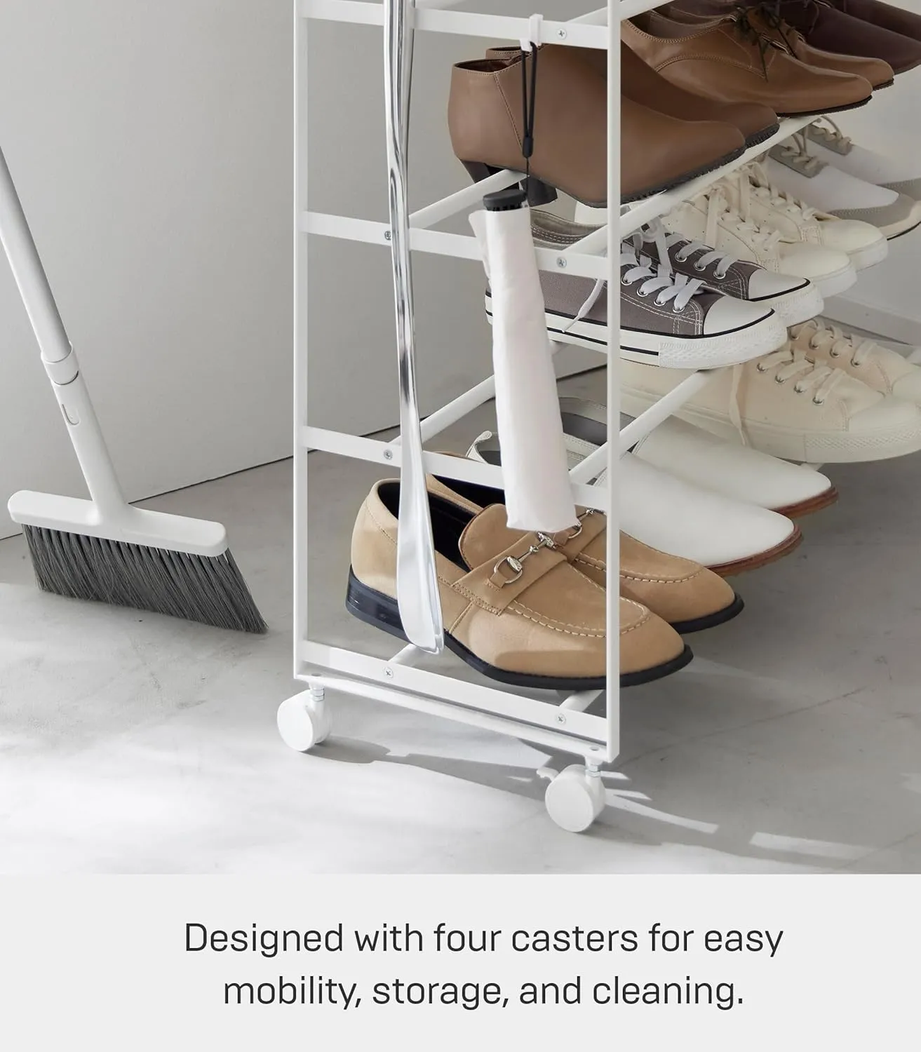 Yamazaki Home Tower Rolling Five-Tier Shoe Rack, Steel Frame with Wooden Top, Space-Saving Shoe Organizer On Wheels, 34" - Steel   Wood -