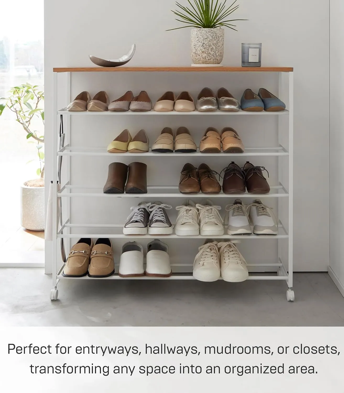 Yamazaki Home Tower Rolling Five-Tier Shoe Rack, Steel Frame with Wooden Top, Space-Saving Shoe Organizer On Wheels, 34" - Steel   Wood -