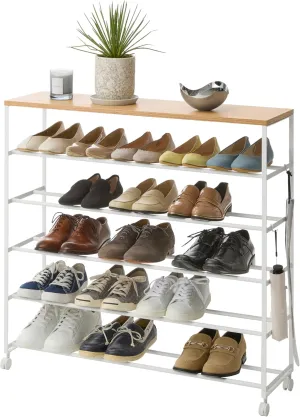 Yamazaki Home Tower Rolling Five-Tier Shoe Rack, Steel Frame with Wooden Top, Space-Saving Shoe Organizer On Wheels, 34" - Steel   Wood -