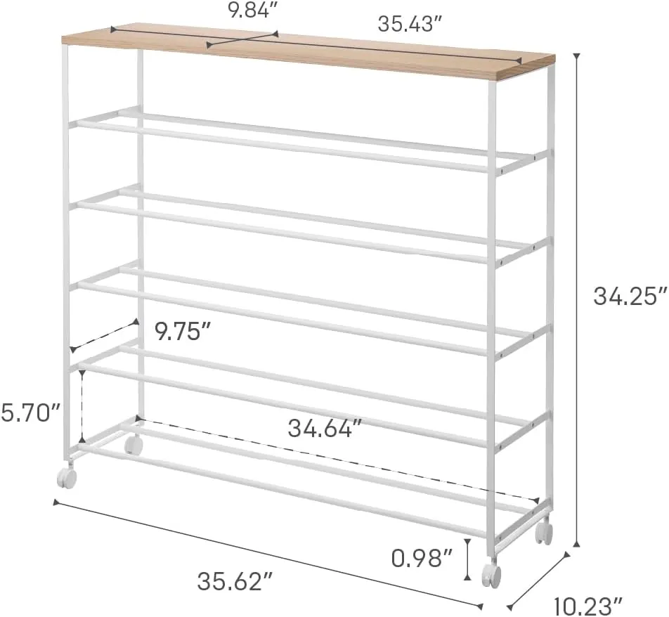 Yamazaki Home Tower Rolling Five-Tier Shoe Rack, Steel Frame with Wooden Top, Space-Saving Shoe Organizer On Wheels, 34" - Steel   Wood -