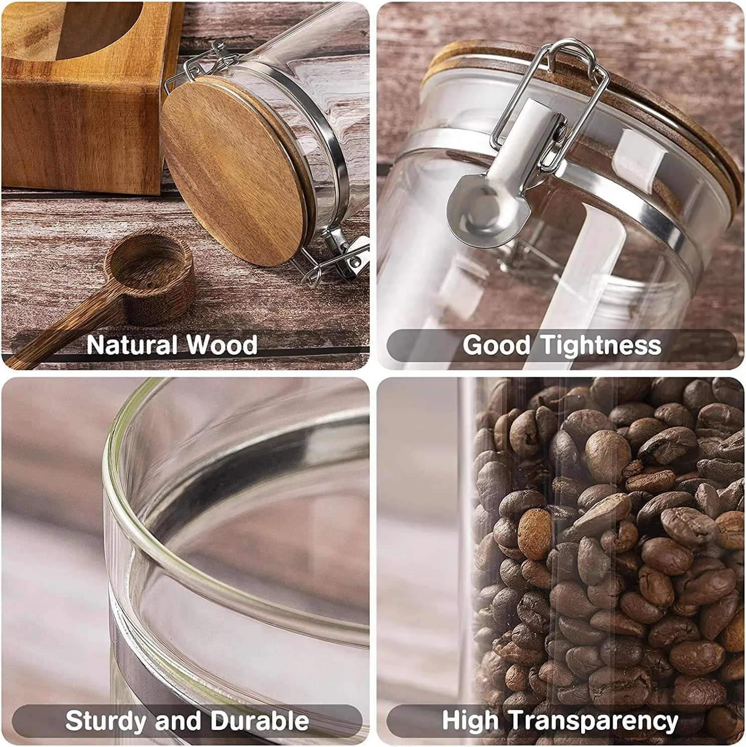 Yangbaga Glass Sugar Coffee Containers with Shelf, 2 x 45OZ Coffee Bean Canister Storage Station Organizer with Airtight Locking Clamp and Log Coffee Scoop, Large Capacity Food Storage Jar for Kitchen