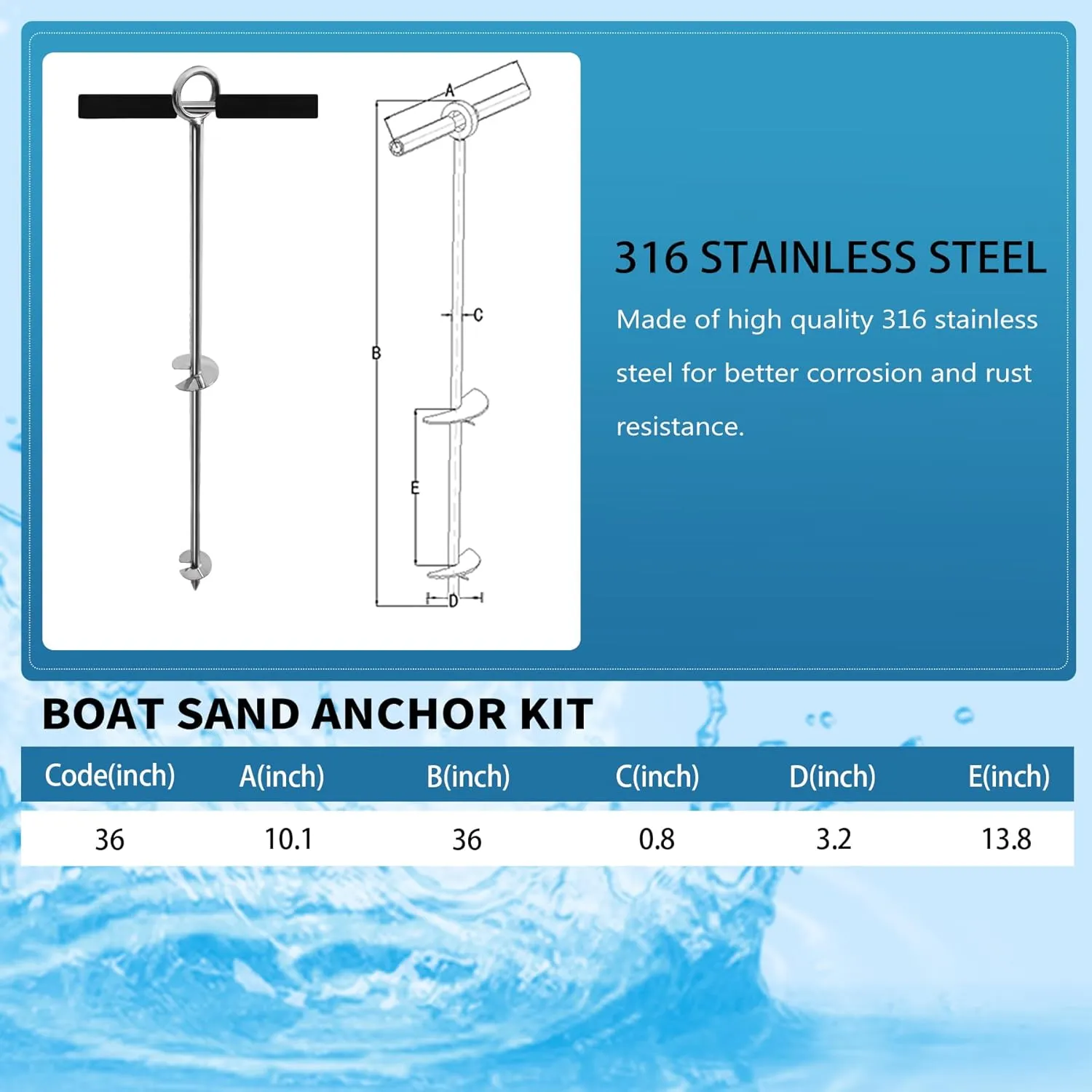 YANYUCB Sand Anchor Kit 316 Stainless Steel Boat Screw Anchor Auger to The Beach and Sandbar, w/Removable Handle, Bungee Line & Carry Bag, for Jet Ski,PWC,Floats,Pontoon