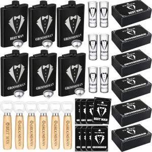 Yaomiao 30 Pcs Groomsmen Gift for Wedding, Including 6 Pcs 8 oz Groomsmen Flask 6 Wooden Bottle Opener 6 Party Favors Shot Glasses 6 Boxes Empty 6 Proposal Cards Best Man Gift