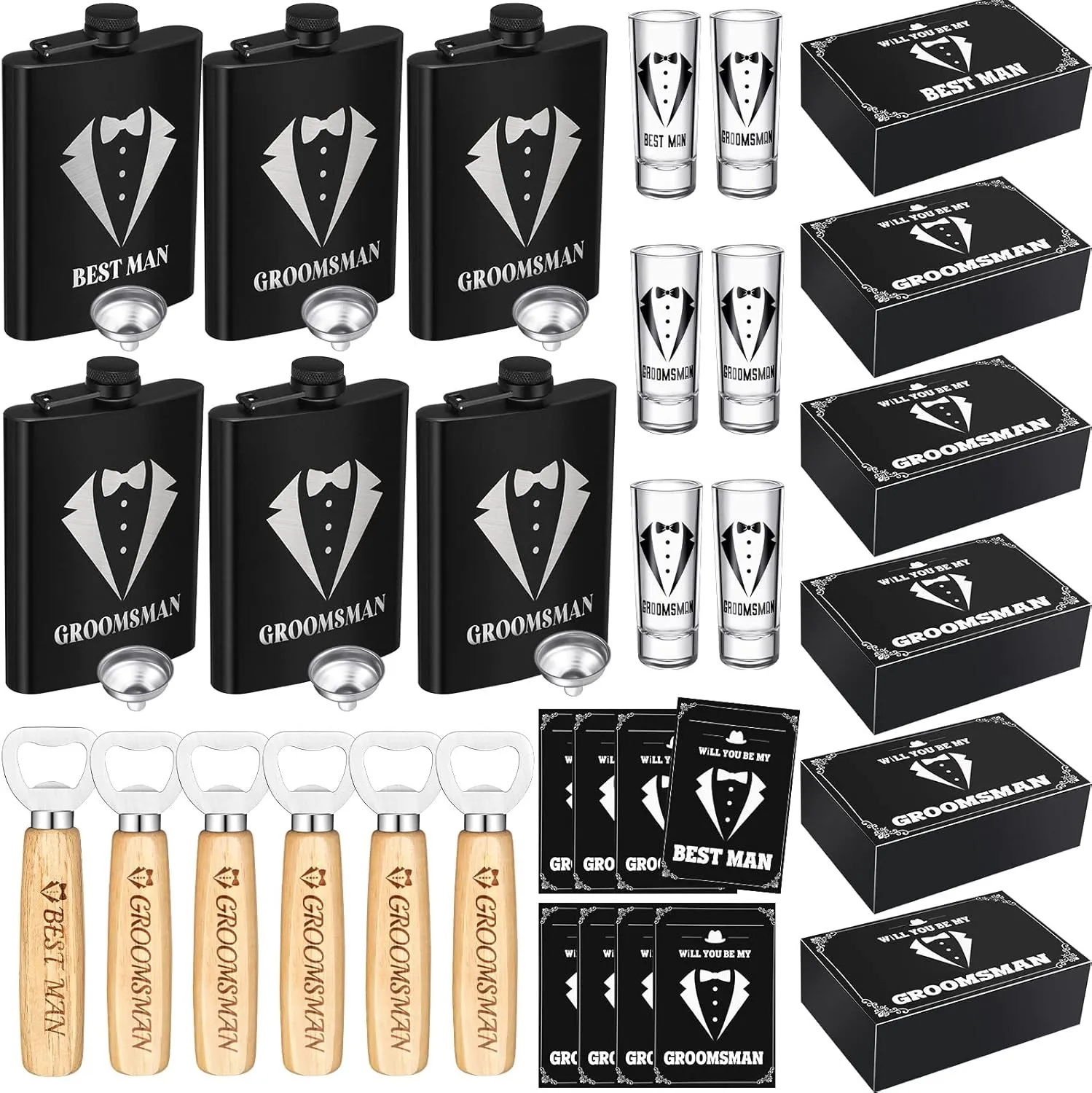 Yaomiao 30 Pcs Groomsmen Gift for Wedding, Including 6 Pcs 8 oz Groomsmen Flask 6 Wooden Bottle Opener 6 Party Favors Shot Glasses 6 Boxes Empty 6 Proposal Cards Best Man Gift