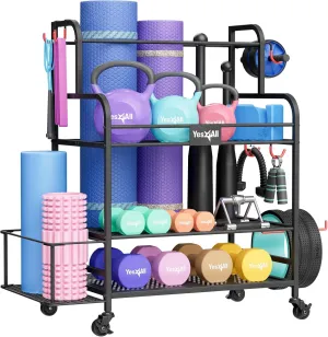 Yes4All Dumbbell Rack, Weight Rack for Home Gym, Sports Equipment Organizer for Dumbbells Kettlebells Yoga Mat Foam Roller and Balls, All in One Gym Workout Storage with Wheels and Hooks, Black