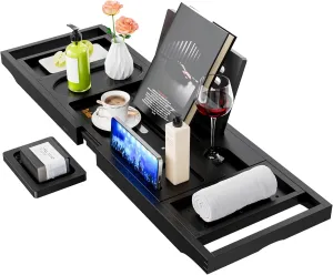 Yirilan Bath Tray, Foldable Bathtub Caddy, Adjustable Premium Bamboo Bathroom Tray for Tub, for Home Spa - Couples Wedding Gifts - Black