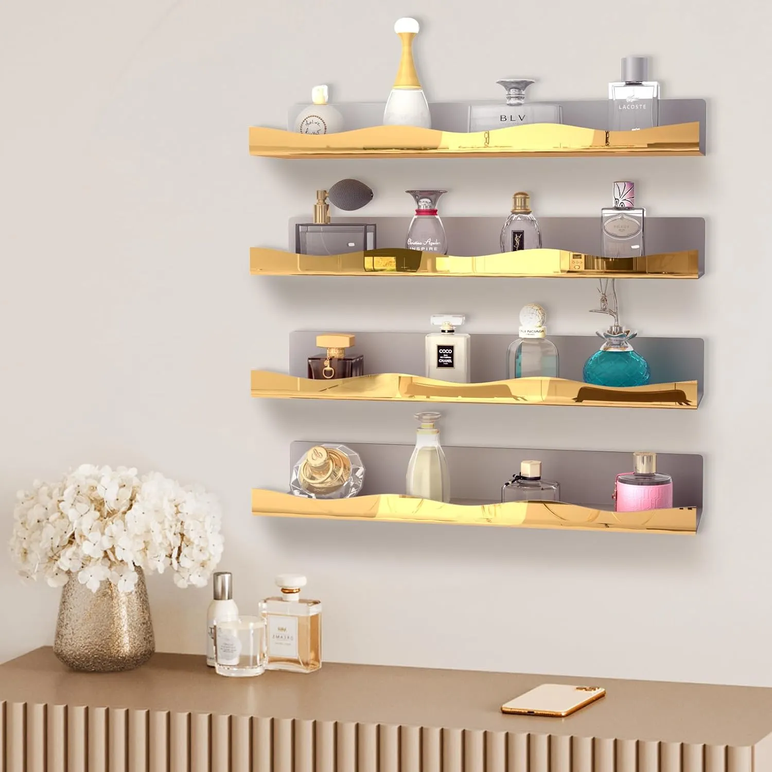 YMVV 15.7 in Large Golden Reflective Acrylic Mounted Floating Shelf, Perfume Organizer Shelf, Modern Bathroom Storage Toy Display Organizer Decor 4 Pack