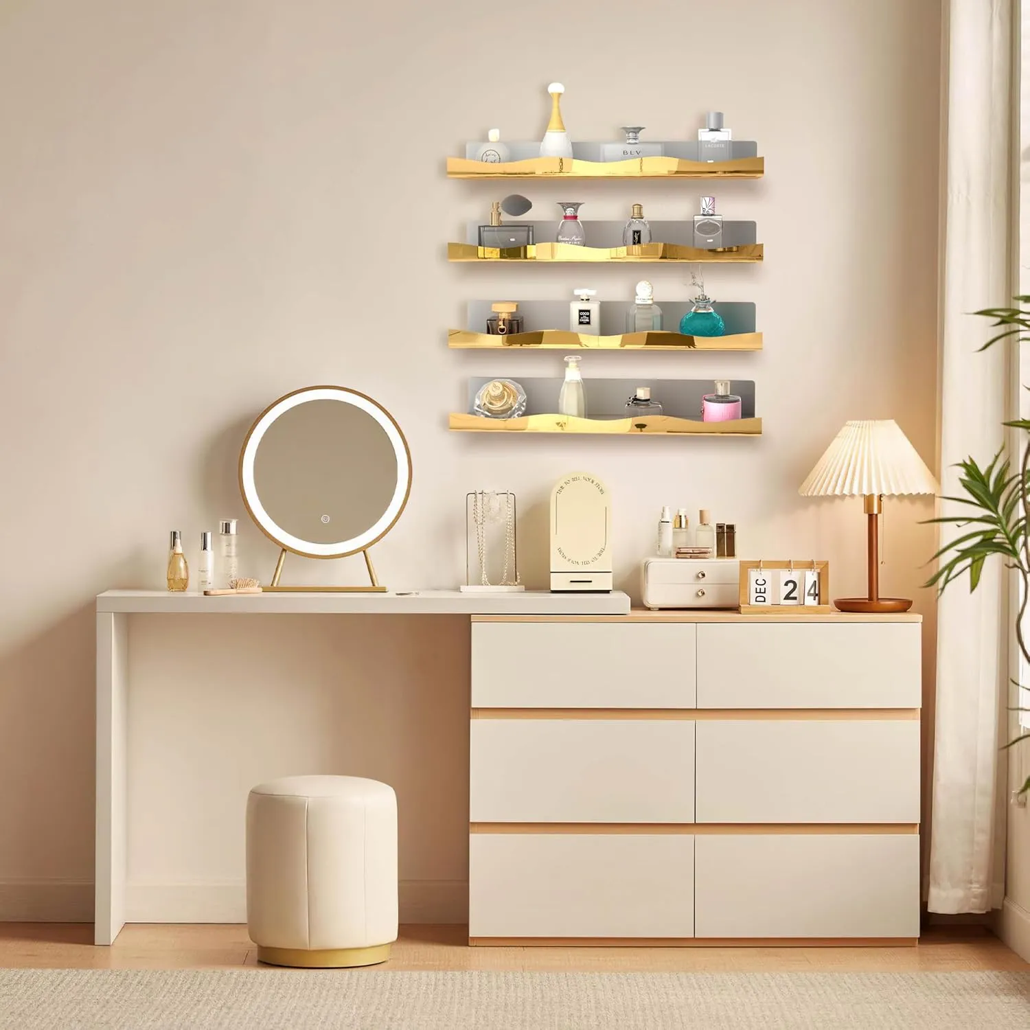 YMVV 15.7 in Large Golden Reflective Acrylic Mounted Floating Shelf, Perfume Organizer Shelf, Modern Bathroom Storage Toy Display Organizer Decor 4 Pack
