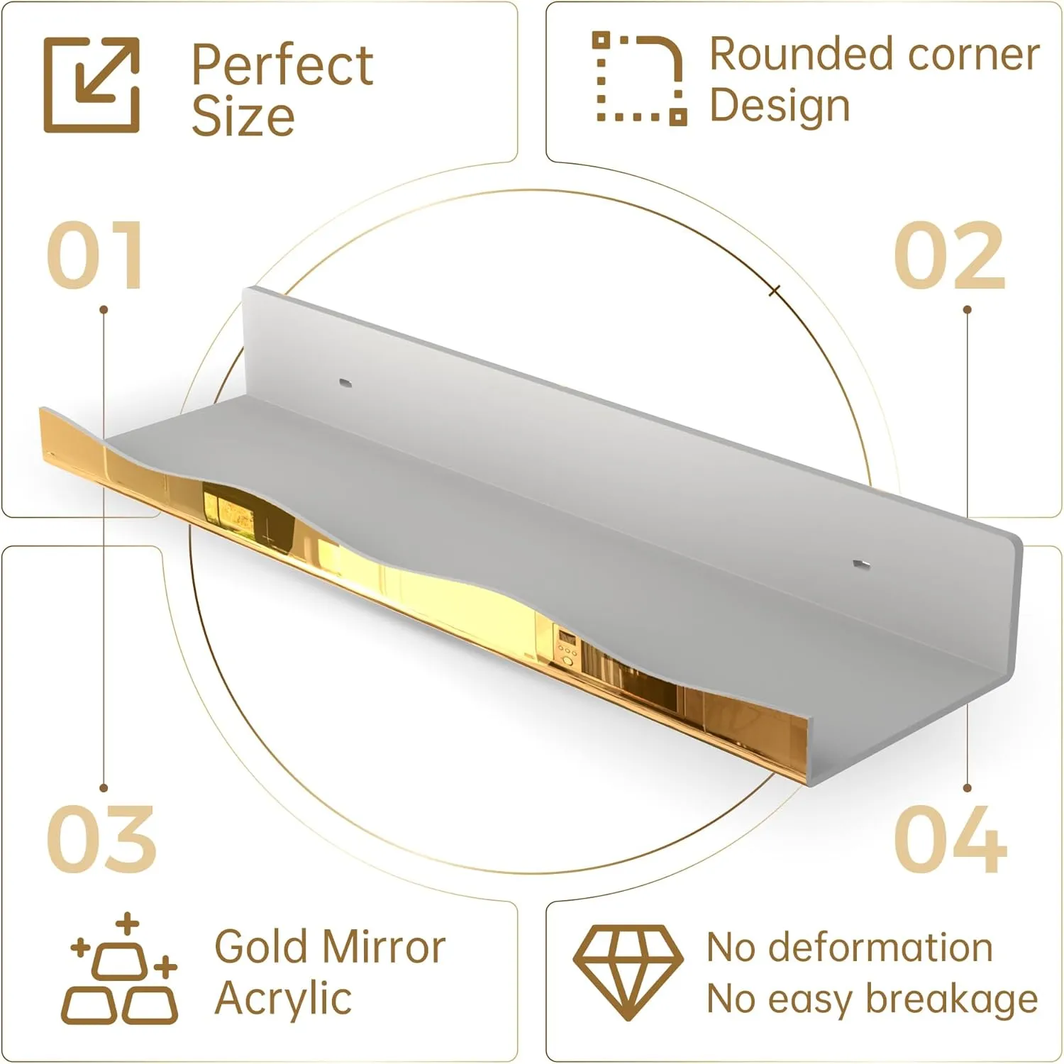 YMVV 15.7 in Large Golden Reflective Acrylic Mounted Floating Shelf, Perfume Organizer Shelf, Modern Bathroom Storage Toy Display Organizer Decor 4 Pack
