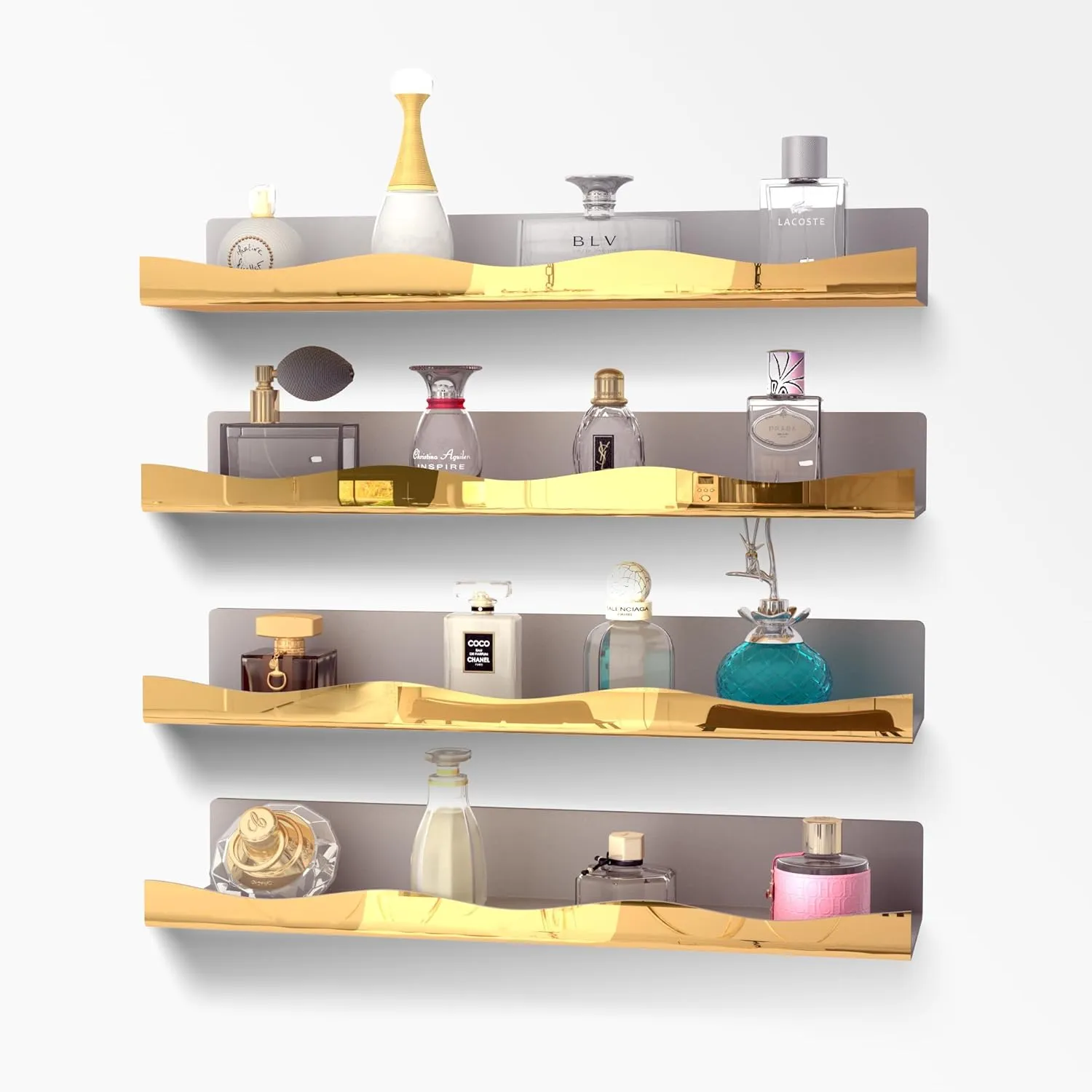 YMVV 15.7 in Large Golden Reflective Acrylic Mounted Floating Shelf, Perfume Organizer Shelf, Modern Bathroom Storage Toy Display Organizer Decor 4 Pack