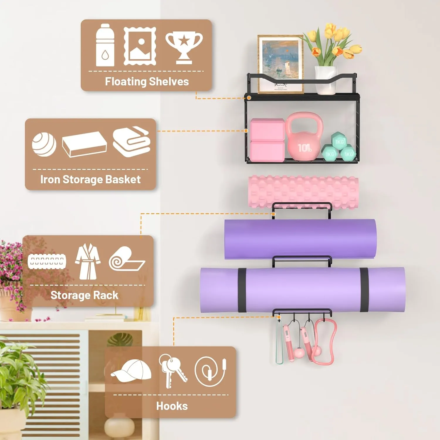 Yoga Mat Holder Wall Mount, Yoga Accessory Mats Storage Rack , Home Gym Accessories Organizer Storage With Wood Floating Shelves, Storage Basket With Hooks For Hanging Yoga Strap & Resistance Bands