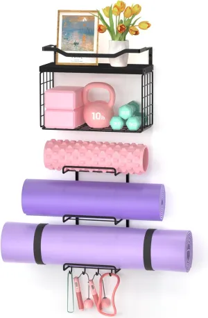 Yoga Mat Holder Wall Mount, Yoga Accessory Mats Storage Rack , Home Gym Accessories Organizer Storage With Wood Floating Shelves, Storage Basket With Hooks For Hanging Yoga Strap & Resistance Bands