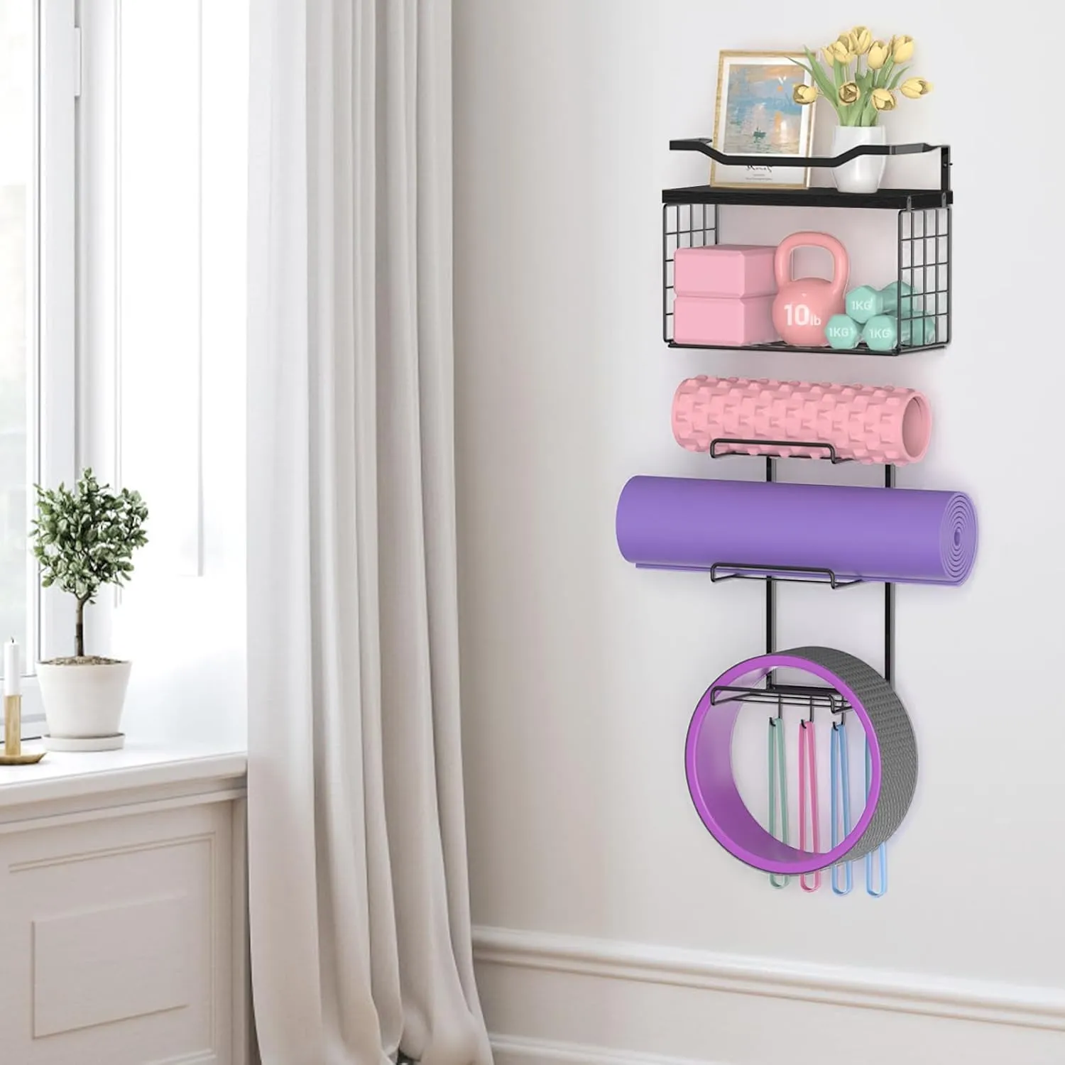 Yoga Mat Holder Wall Mount, Yoga Accessory Mats Storage Rack , Home Gym Accessories Organizer Storage With Wood Floating Shelves, Storage Basket With Hooks For Hanging Yoga Strap & Resistance Bands