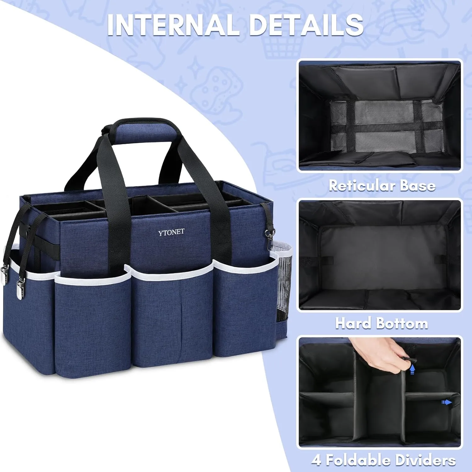 Ytonet Wearable Cleaning Caddy Bag, Large Cleaning Supplies Organizer with 4 Foldable Dividers, Kitchen Caddy Organizer with Handle & Adjustable Shoulder Straps for Cleaners & Housekeeper, Blue