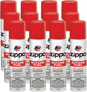Zippo Butane Fuel 2.5oz Refill for up to 20 Lighters, 75 ml - 12 Pack