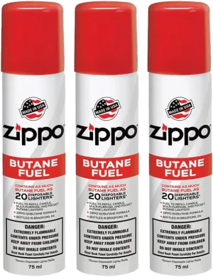 Zippo Butane Fuel 2.5oz Refill for up to 20 Lighters, 75 ml - 3 Pack