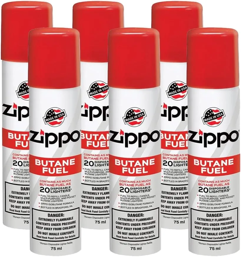 Zippo Butane Fuel 2.5oz Refill for up to 20 Lighters, 75 ml - 6 Pack