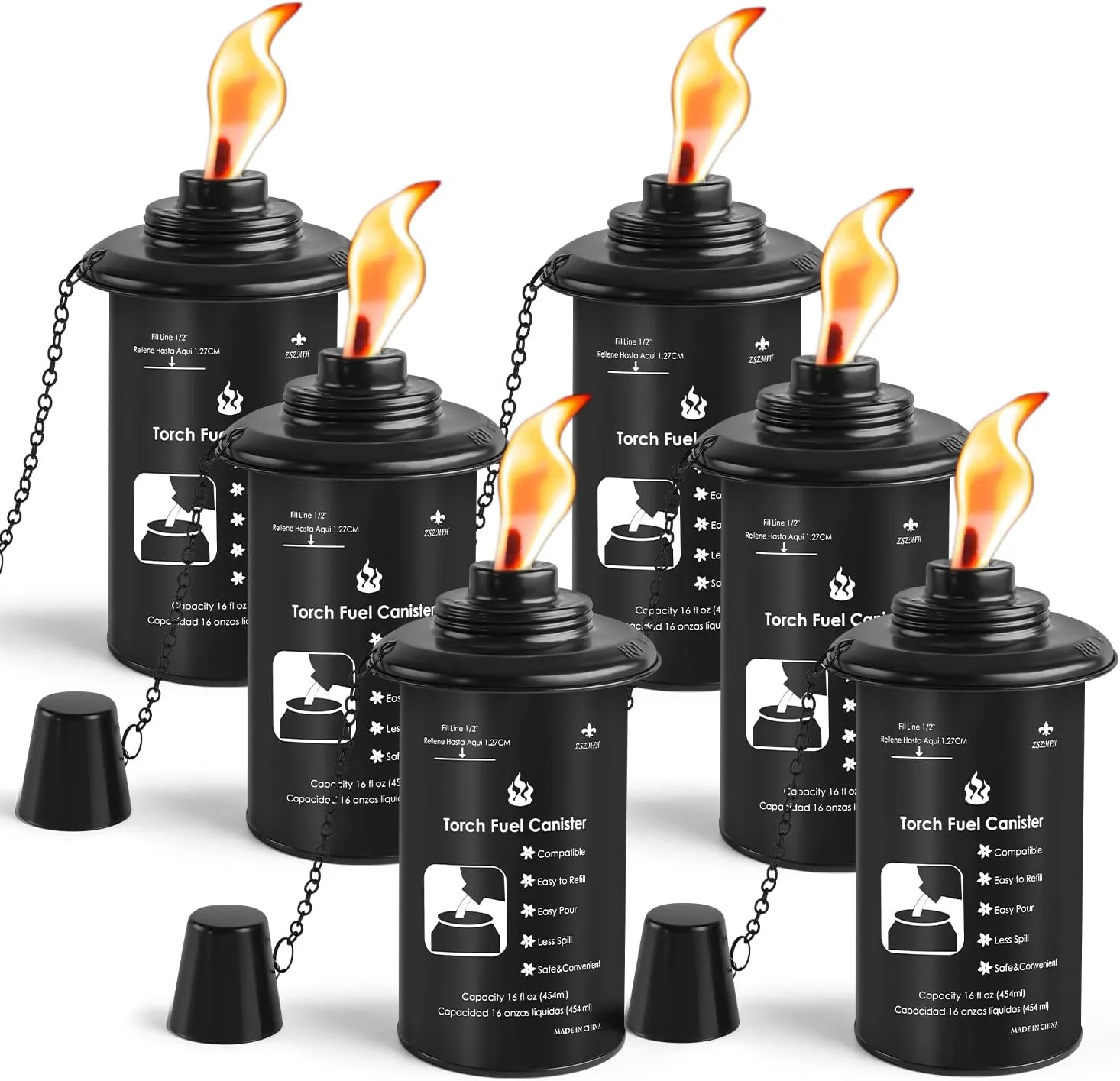 ZSZMFH 16oz Torch Canisters, 6 Pack Bamboo Torch Refillable Replacement Canister, Outdoor Citronella Fuel Torch Canister with Wicks and Covers,for Luau Party, DIY Garden Decor.