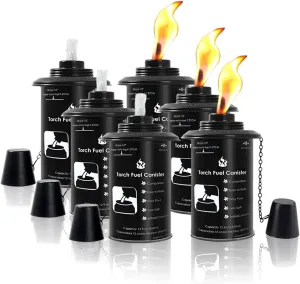 ZSZMFH 6 Pack Torch Canisters,12 oz Bamboo Torch Refillable Replacement Canister, Outdoor Citronella Fuel Torch Canister with Wicks and Covers,for Luau Party, DIY Garden Decor.